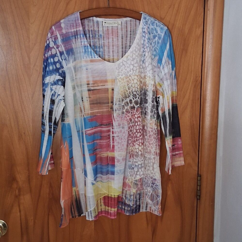 Impulse‎ California Abstract Multicolor Burnout Mesh Layered 3/4 Sleeve Top L